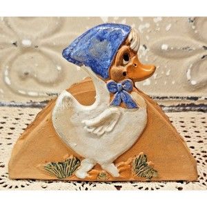 Vtg Napkin Holder Hindt Pottery Painted Signed Country Duck Farmhouse Kitchen